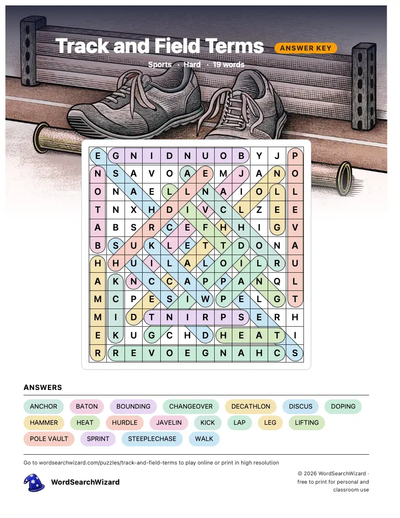 Track and Field Terms word search answer key, all 19 words marked