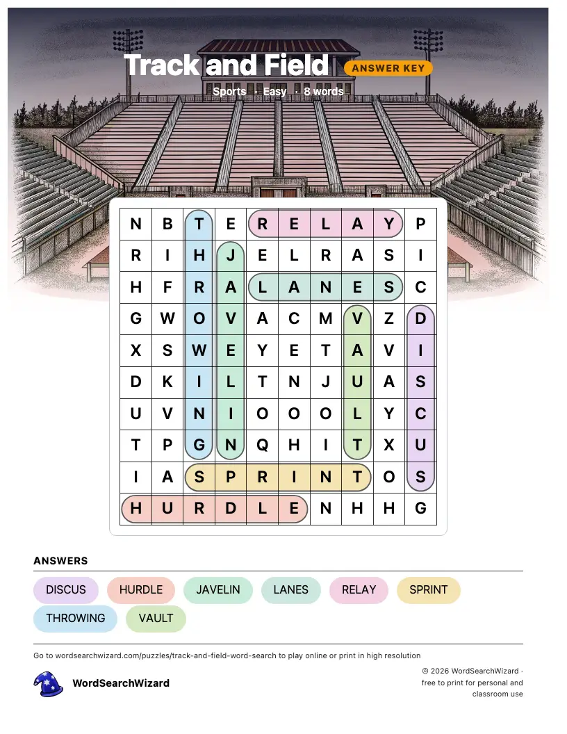 Track and Field word search answer key, all 8 words marked