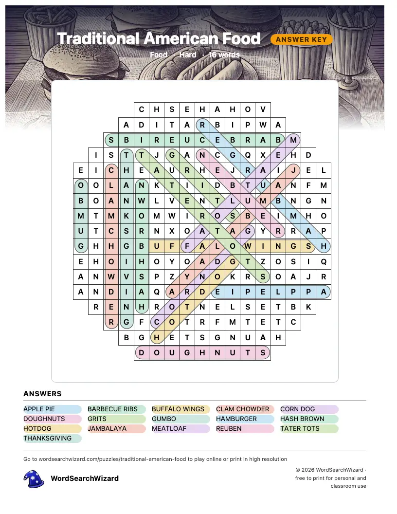 Traditional American Food word search answer key, all 16 words marked