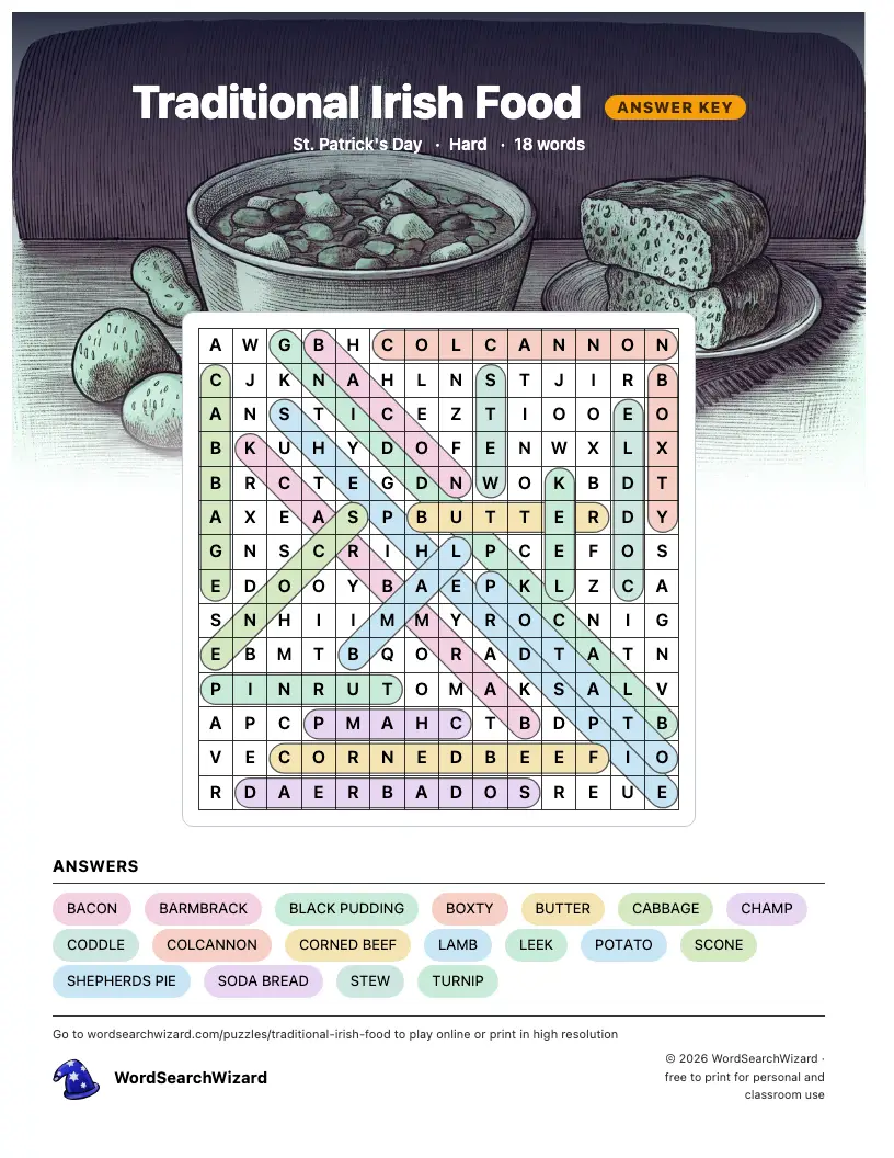 Traditional Irish Food word search answer key, all 18 words marked