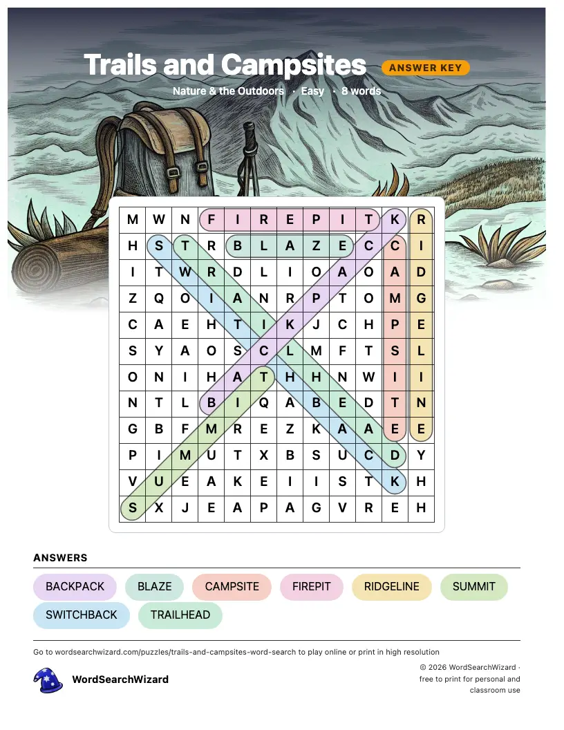 Trails and Campsites word search answer key, all 8 words marked