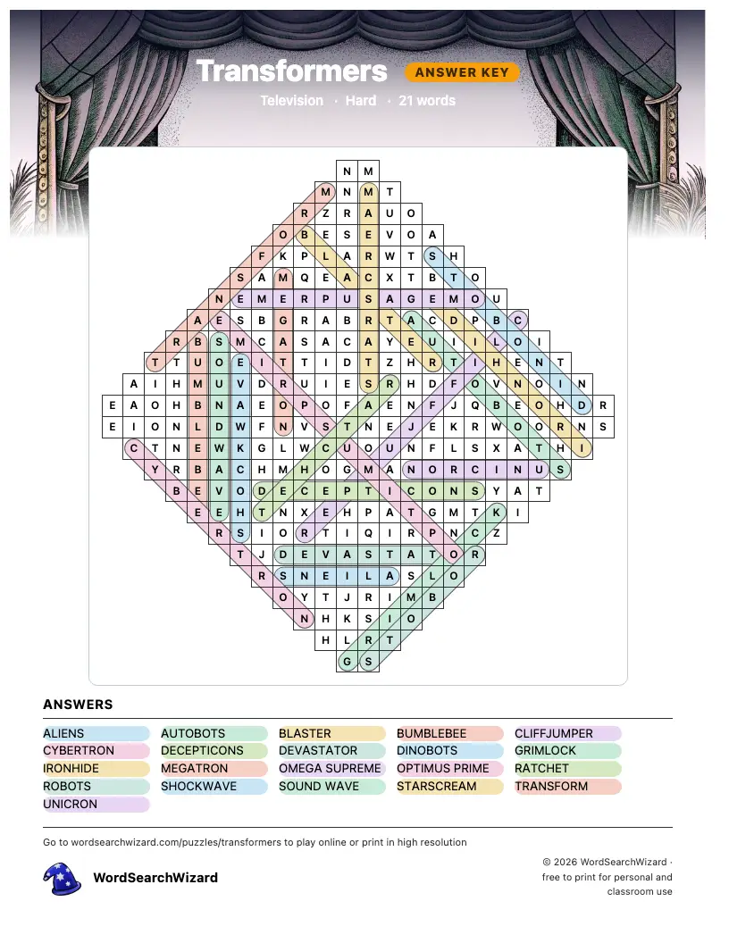 Transformers word search answer key, all 21 words marked