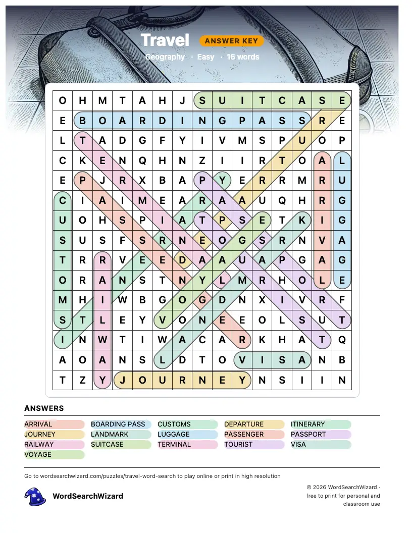Travel word search answer key, all 16 words marked