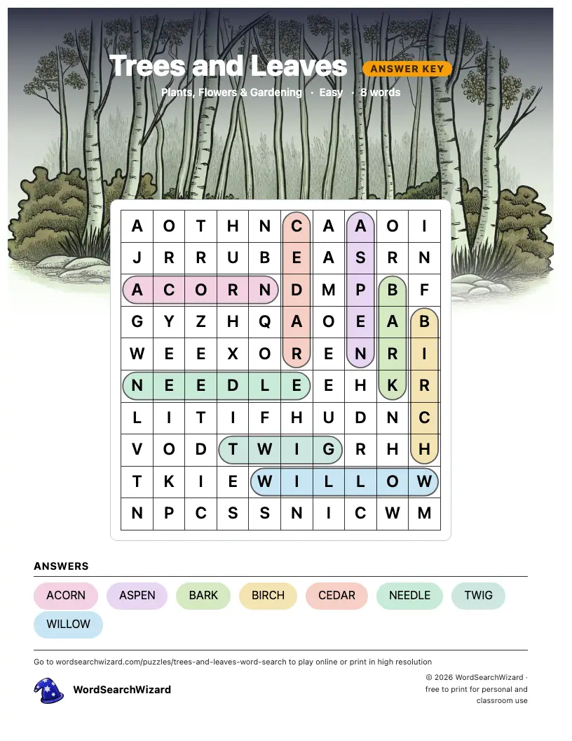 Trees and Leaves word search answer key, all 8 words marked