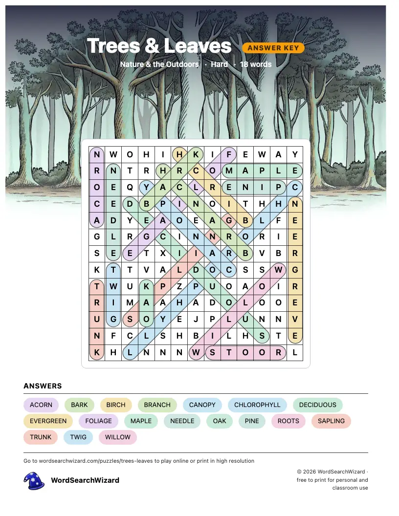 Trees & Leaves word search answer key, all 18 words marked