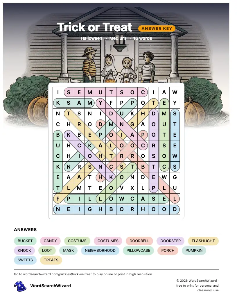 Trick or Treat word search answer key, all 16 words marked