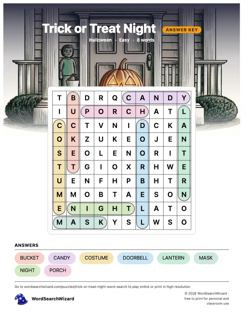 Trick or Treat Night word search answer key, all 8 words marked