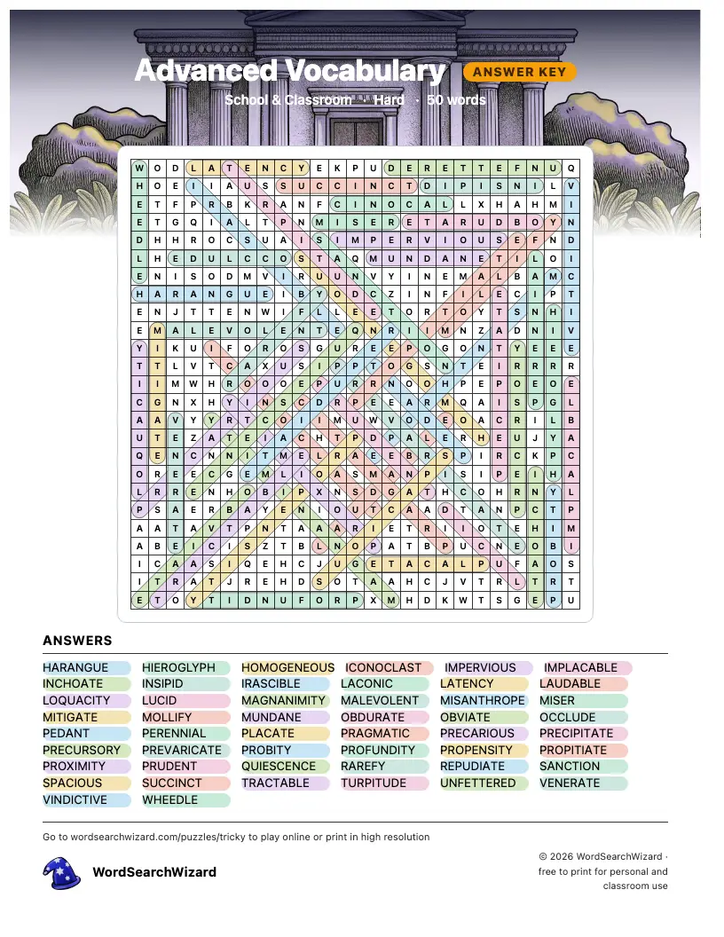 Advanced Vocabulary word search answer key, all 50 words marked