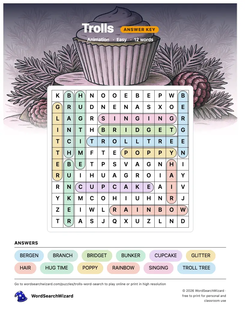 Trolls word search answer key, all 12 words marked
