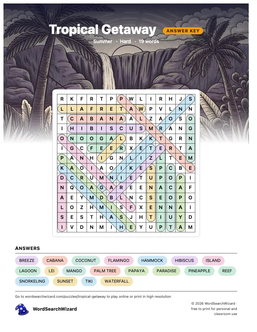 Tropical Getaway word search answer key, all 19 words marked