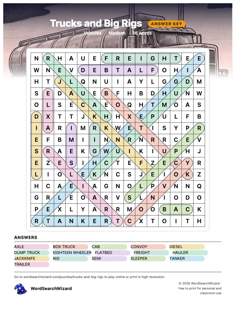 Trucks and Big Rigs word search answer key, all 16 words marked