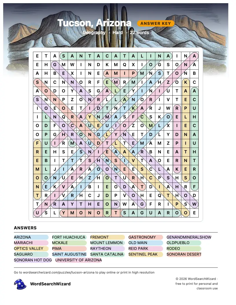 Tucson, Arizona word search answer key, all 22 words marked