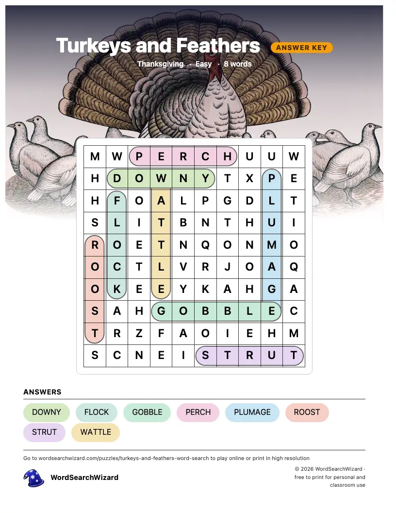 Turkeys and Feathers word search answer key, all 8 words marked