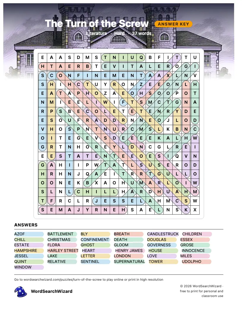 The Turn of the Screw word search answer key, all 37 words marked