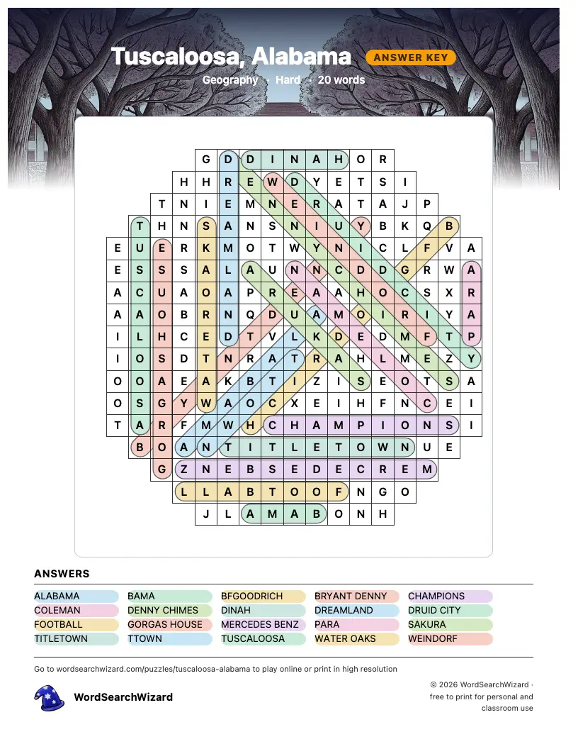 Tuscaloosa, Alabama word search answer key, all 20 words marked