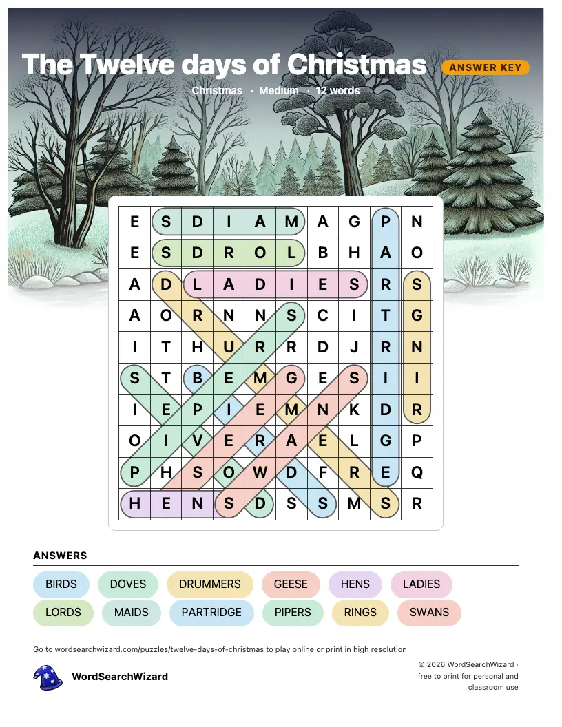 The Twelve days of Christmas word search answer key, all 12 words marked
