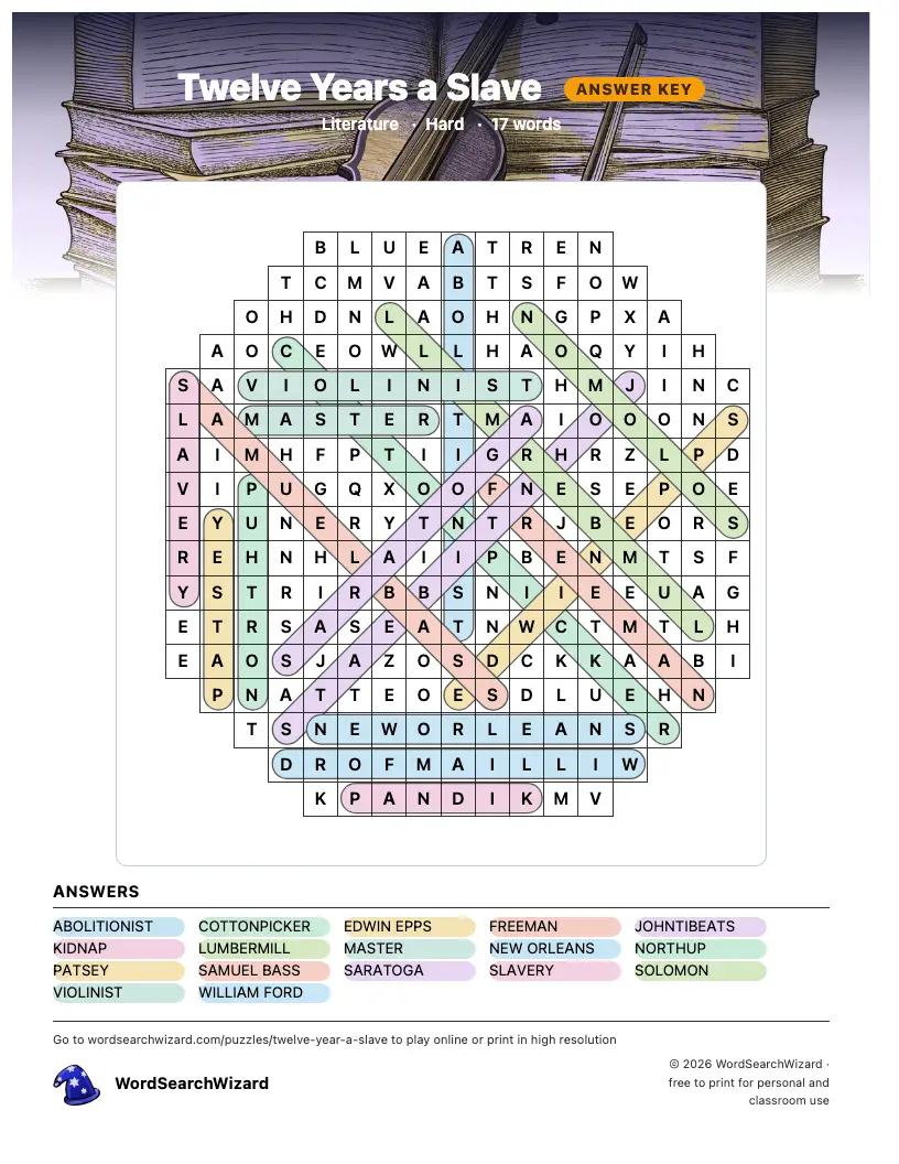 Twelve Years a Slave word search answer key, all 17 words marked