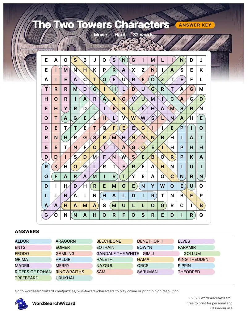 The Two Towers Characters word search answer key, all 32 words marked