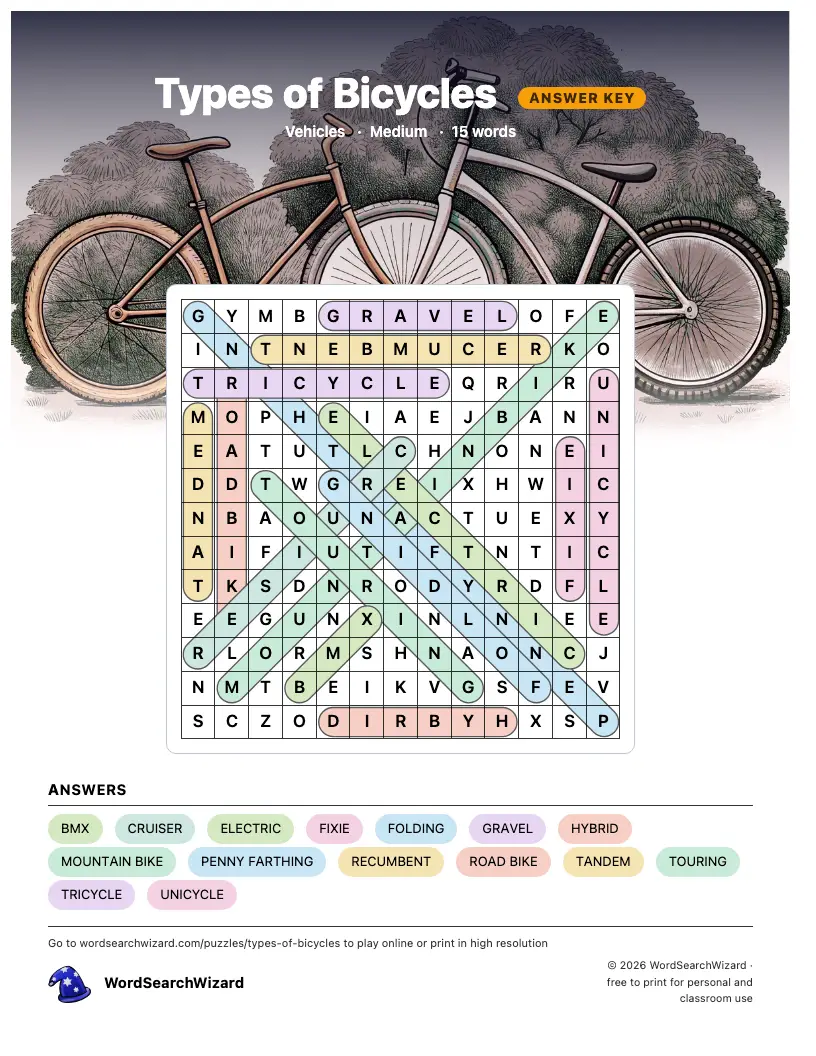 Types of Bicycles word search answer key, all 15 words marked