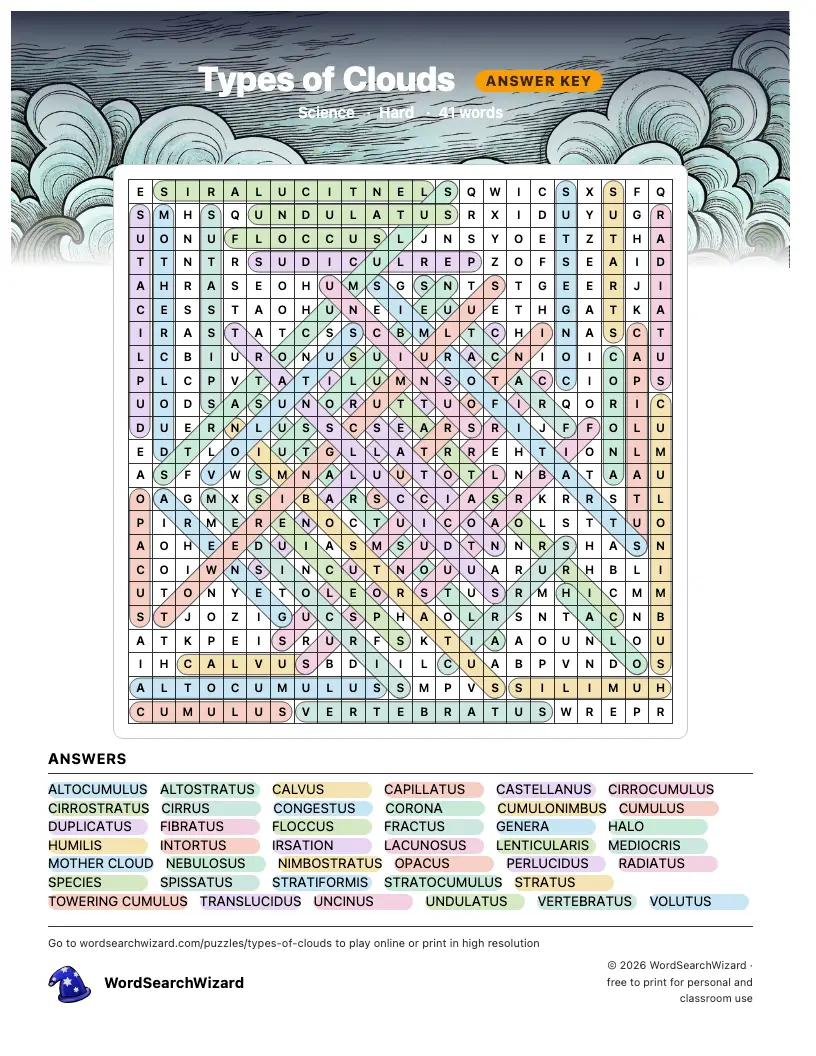 Types of Clouds word search answer key, all 41 words marked