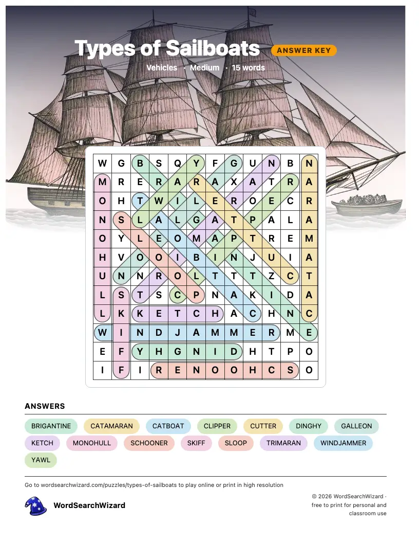 Types of Sailboats word search answer key, all 15 words marked
