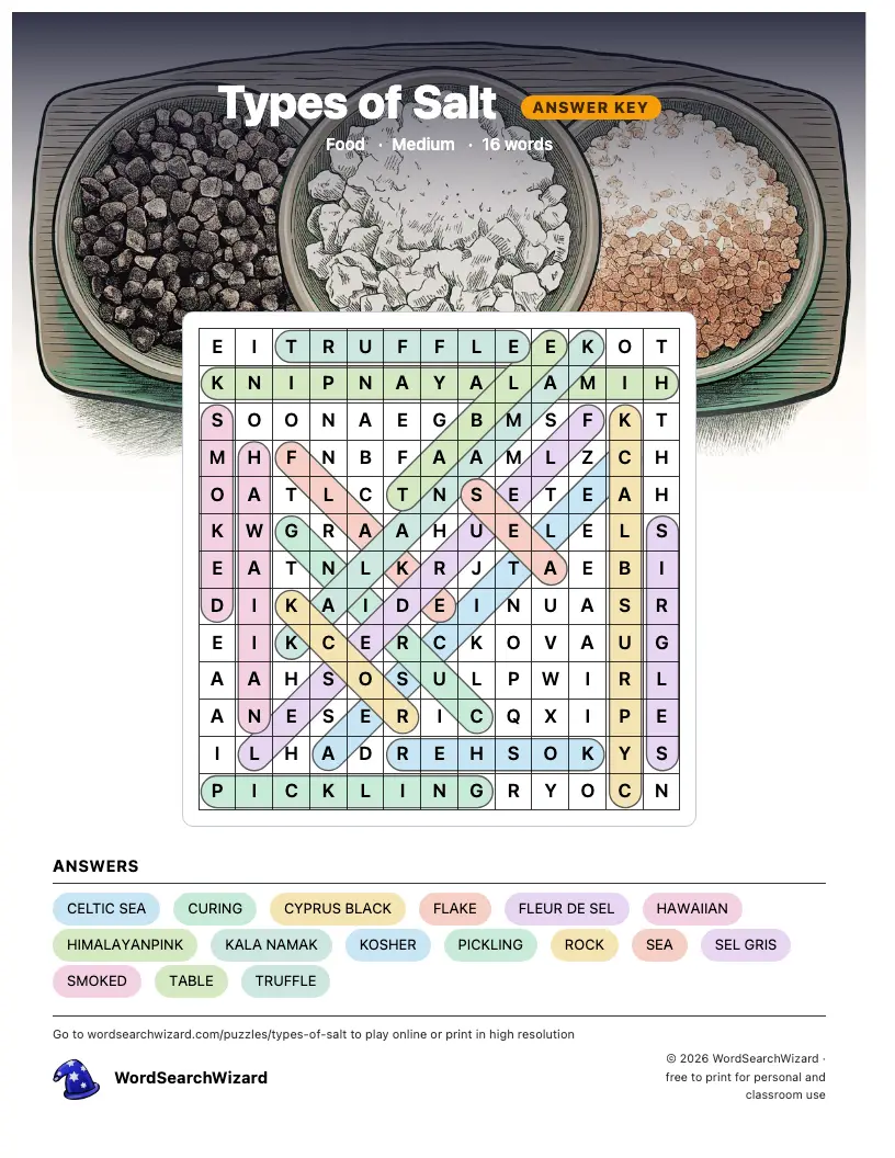 Types of Salt word search answer key, all 16 words marked