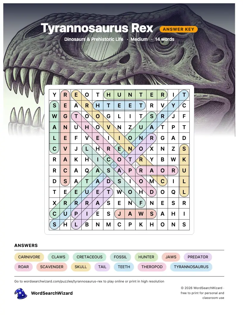 Tyrannosaurus Rex word search answer key, all 14 words marked