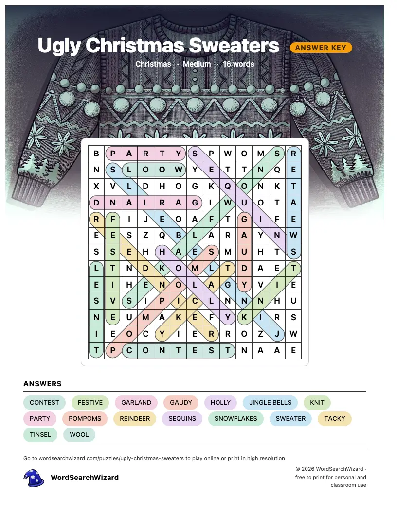 Ugly Christmas Sweaters word search answer key, all 16 words marked