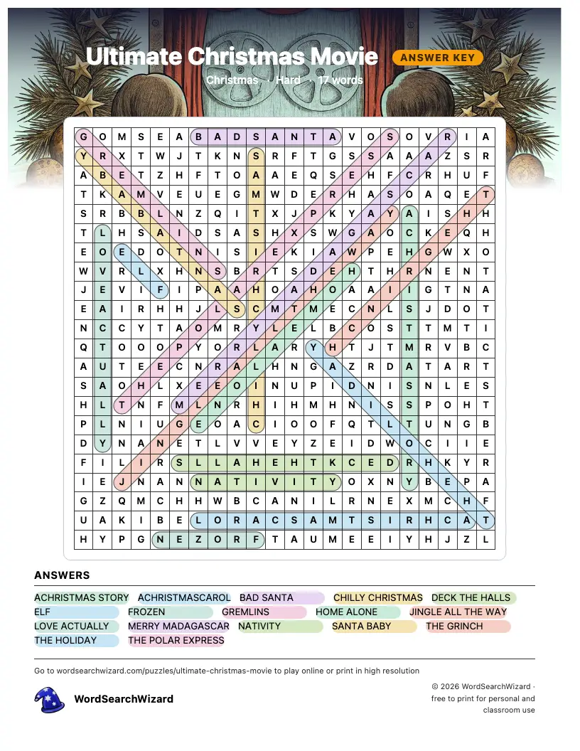Ultimate Christmas Movie word search answer key, all 17 words marked