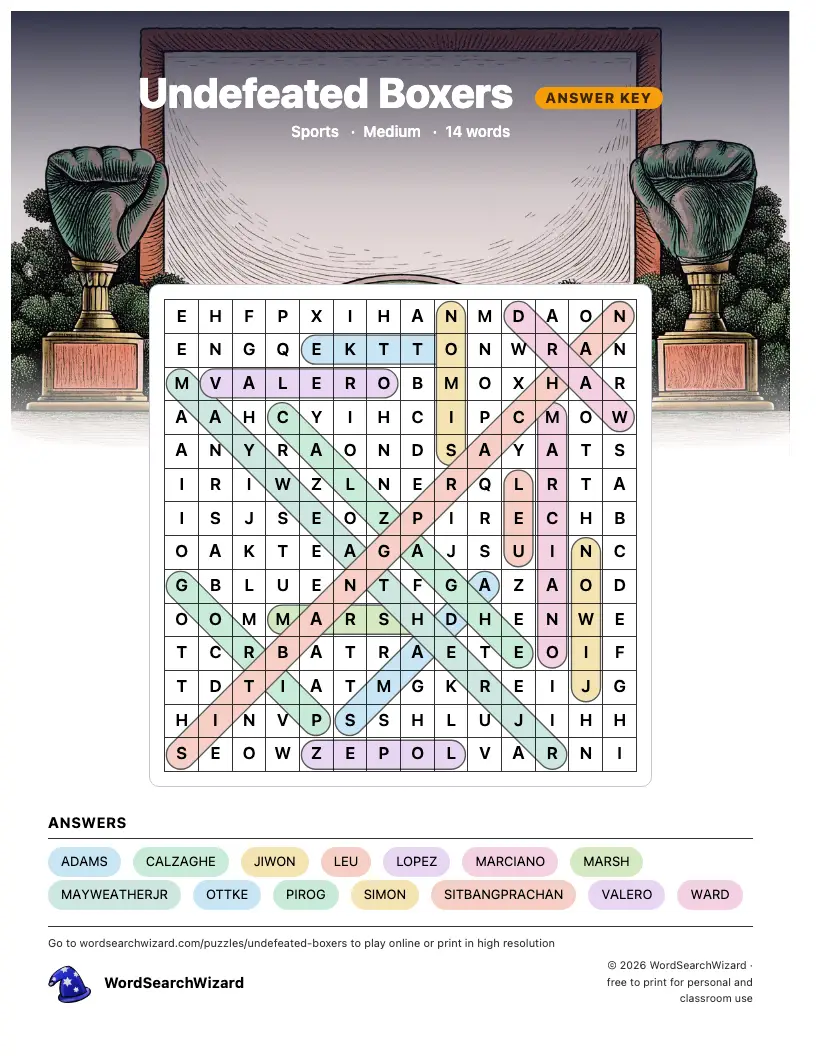 Undefeated Boxers word search answer key, all 14 words marked