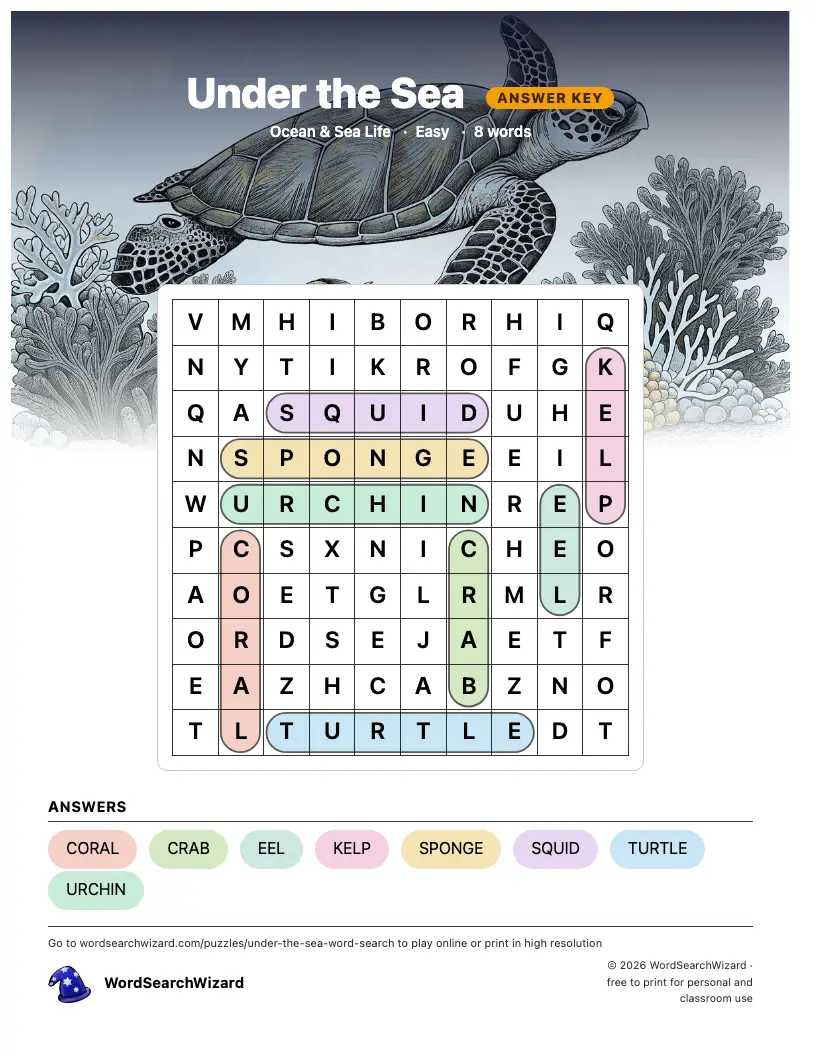Under the Sea word search answer key, all 8 words marked