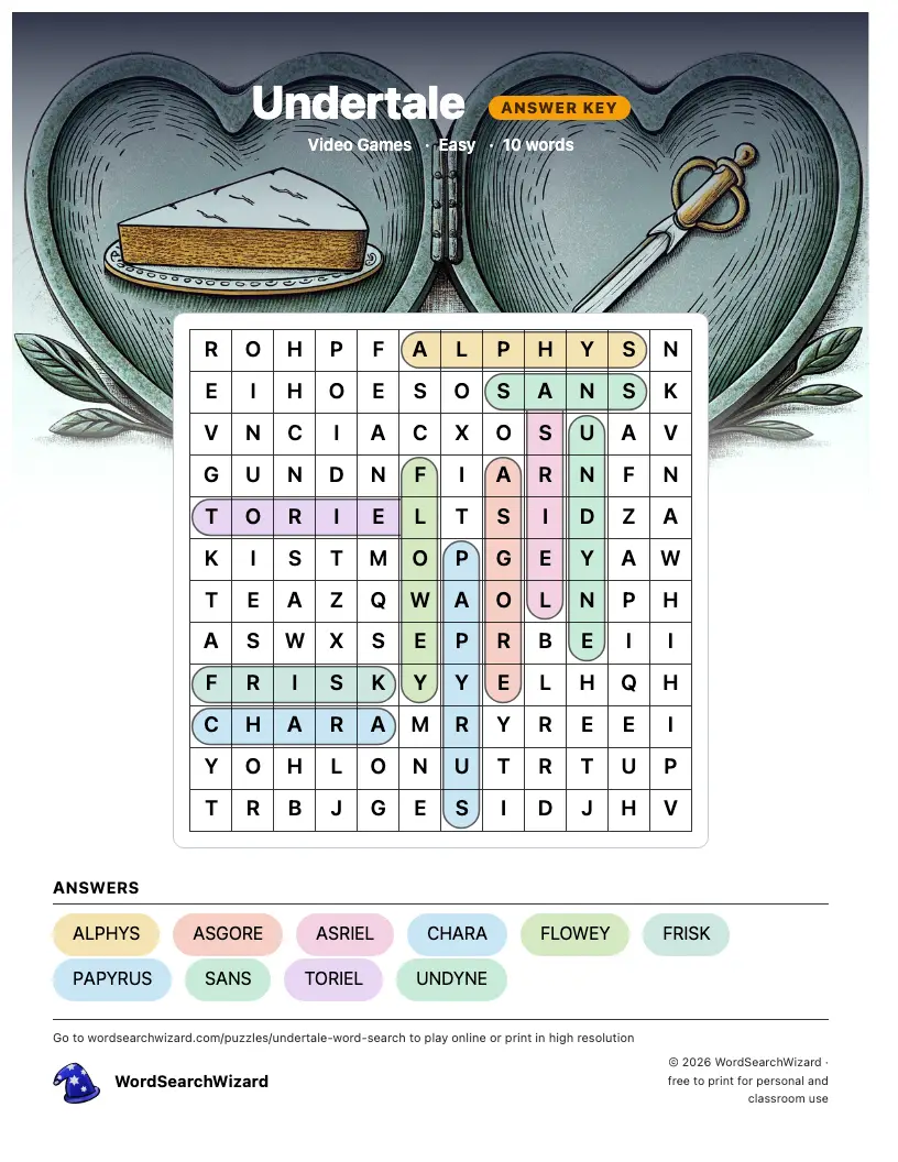 Undertale word search answer key, all 10 words marked