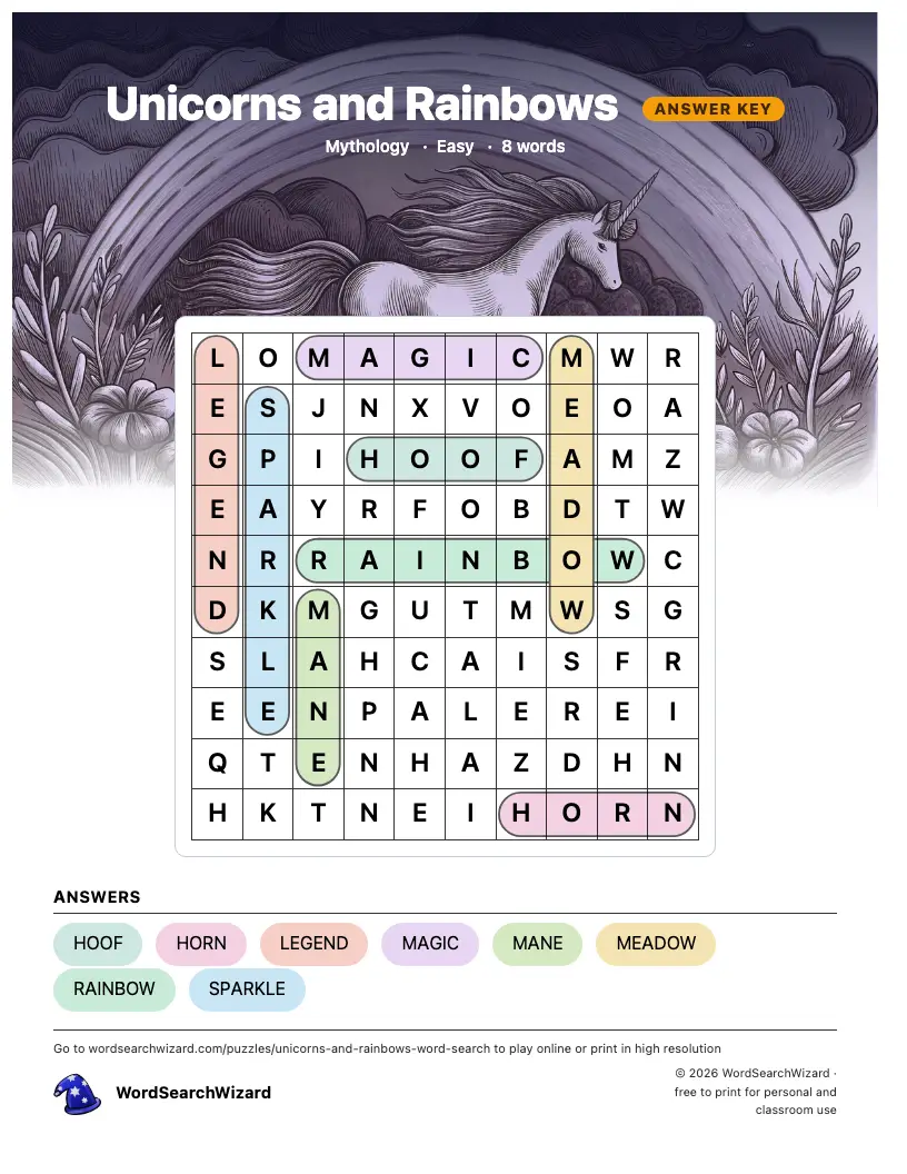 Unicorns and Rainbows word search answer key, all 8 words marked