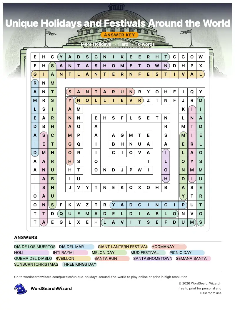 Unique Holidays and Festivals Around the World word search answer key, all 16 words marked