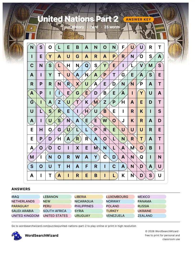 United Nations Part 2 word search answer key, all 25 words marked