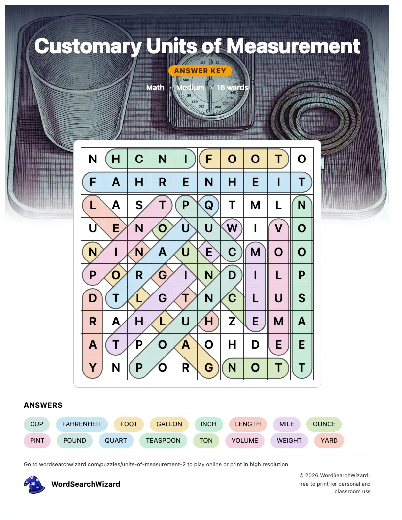Customary Units of Measurement word search answer key, all 16 words marked