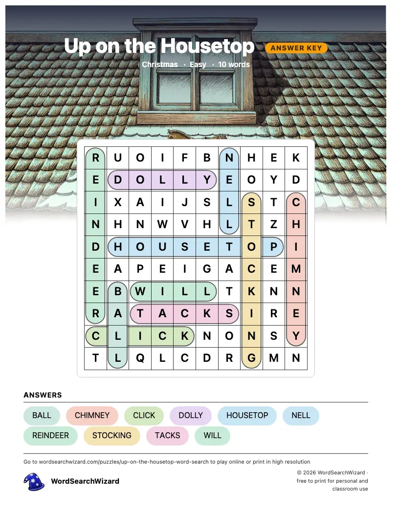 Up on the Housetop word search answer key, all 10 words marked