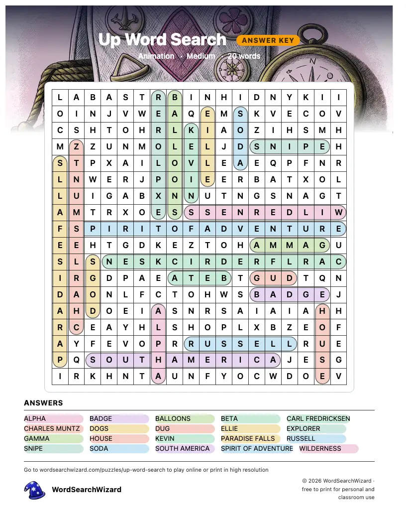 Up word search answer key, all 20 words marked