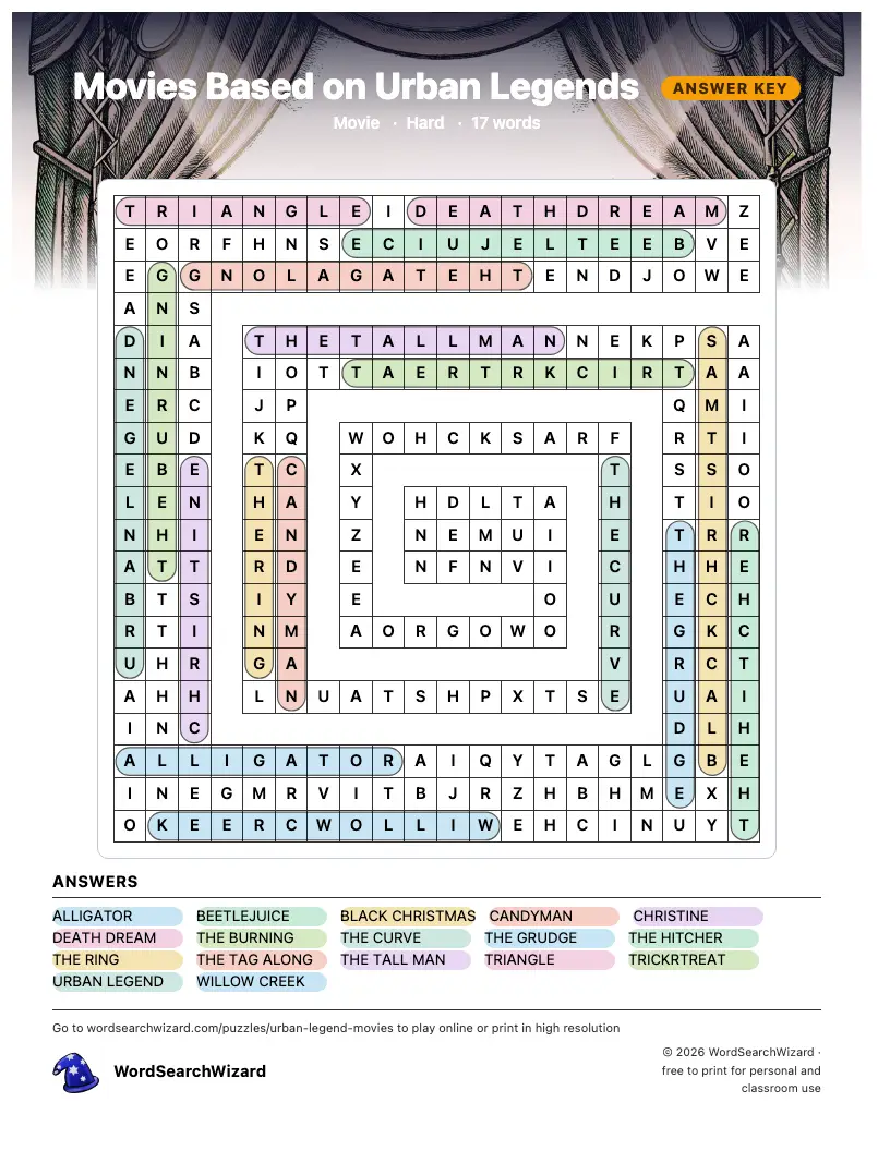 Movies Based on Urban Legends word search answer key, all 17 words marked