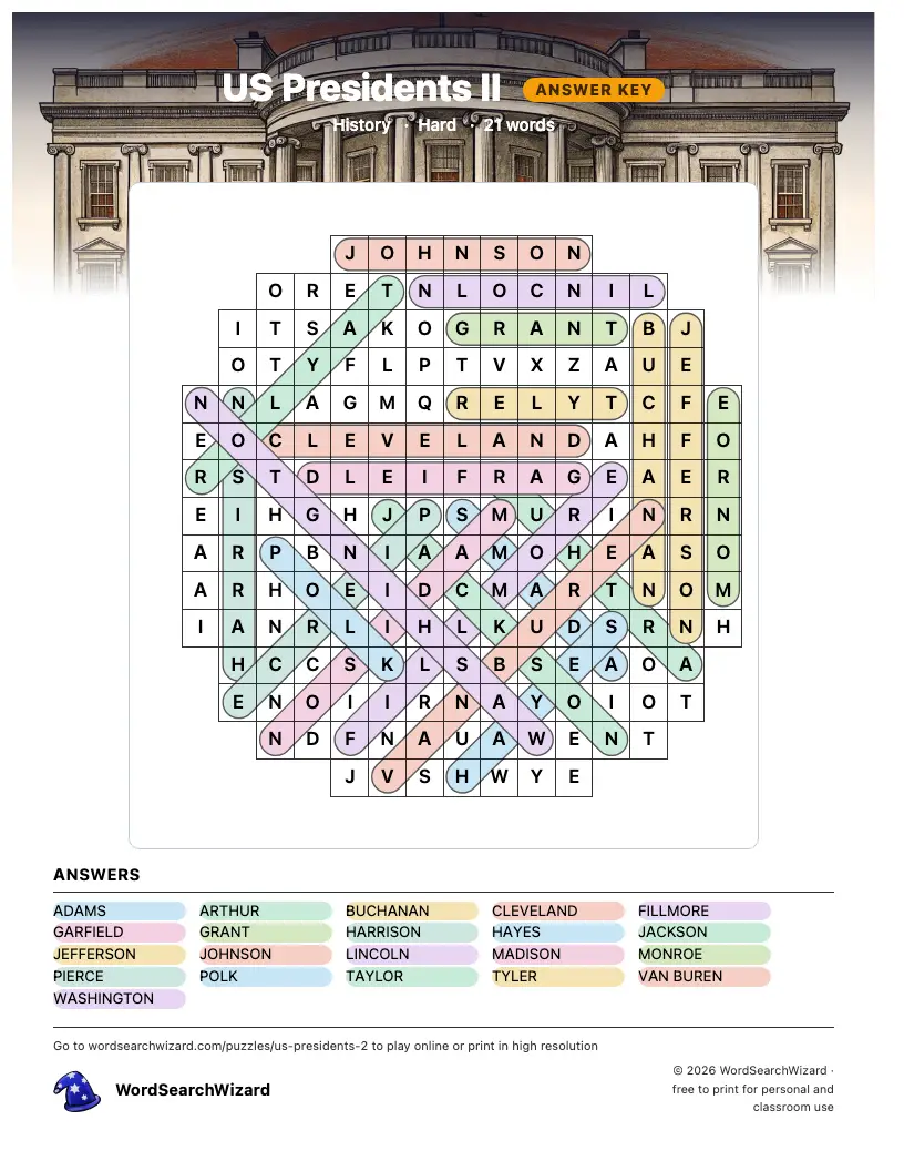 US Presidents II word search answer key, all 21 words marked