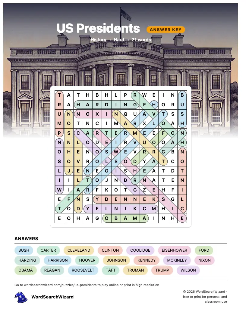 US Presidents word search answer key, all 21 words marked