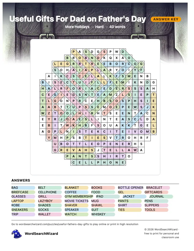 Useful Gifts For Dad on Father's Day word search answer key, all 40 words marked