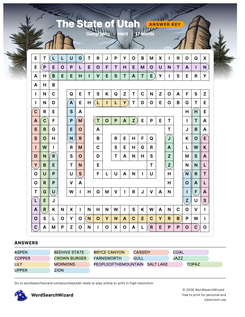 The State of Utah word search answer key, all 17 words marked
