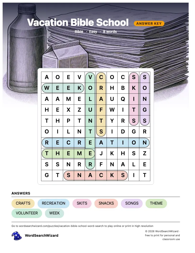 Vacation Bible School word search answer key, all 8 words marked
