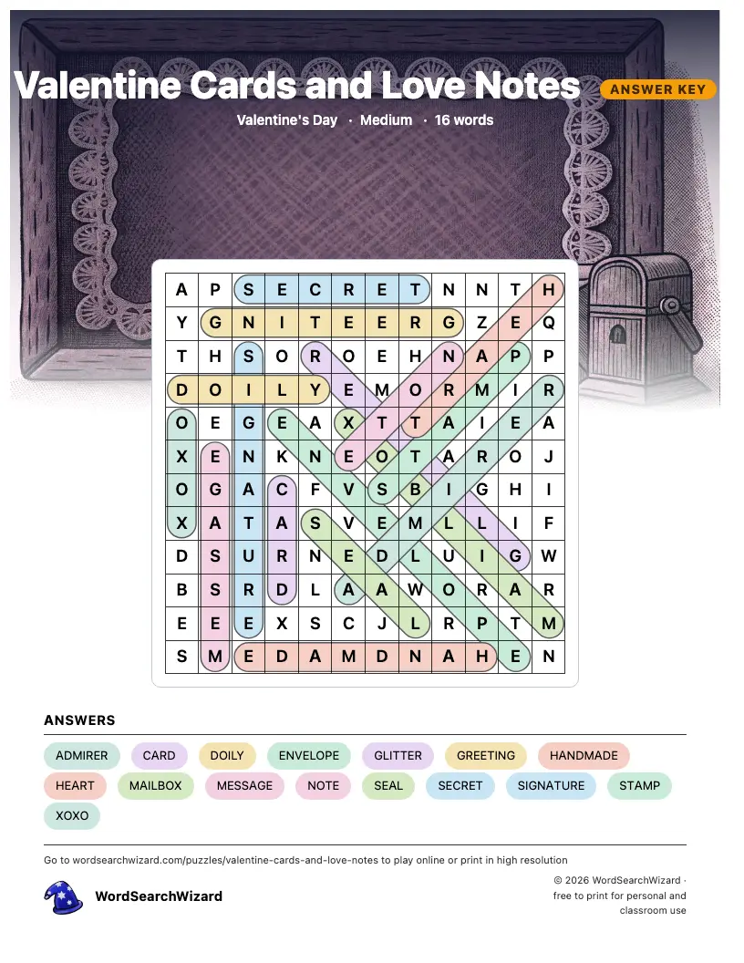 Valentine Cards and Love Notes word search answer key, all 16 words marked