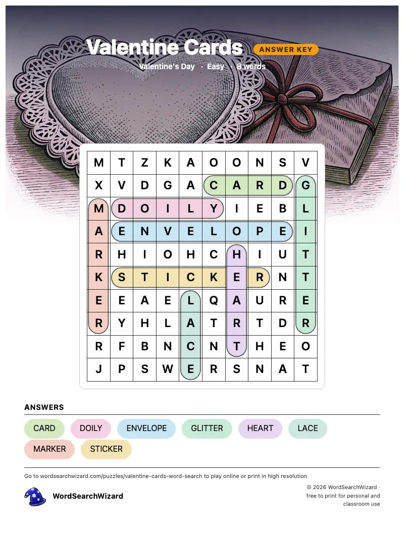 Valentine Cards word search answer key, all 8 words marked