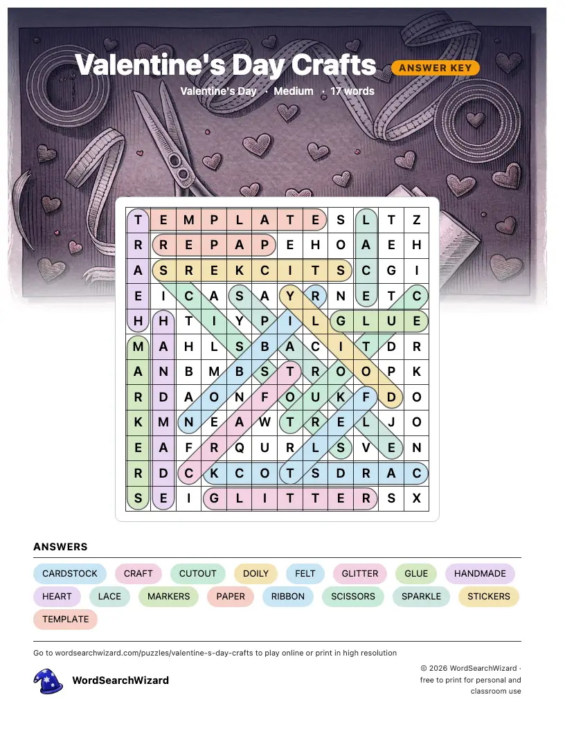 Valentine's Day Crafts word search answer key, all 17 words marked