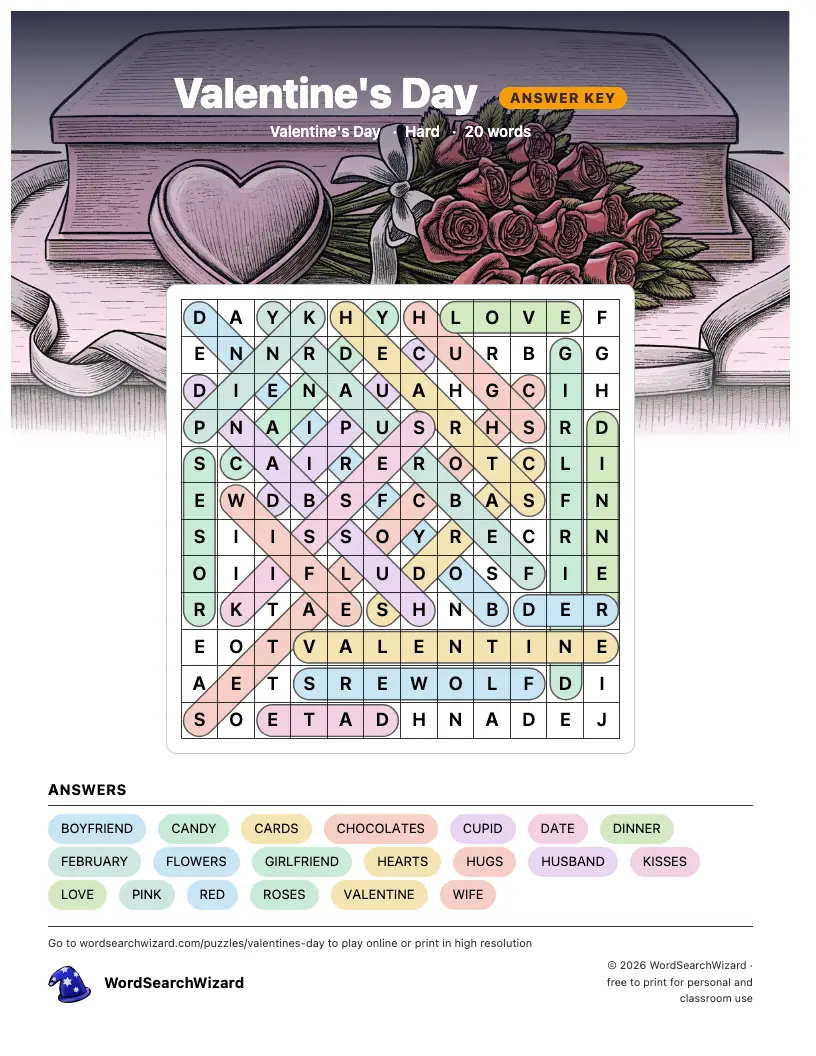 Valentine's Day word search answer key, all 20 words marked