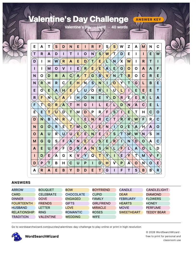 Valentine's Day Challenge word search answer key, all 40 words marked