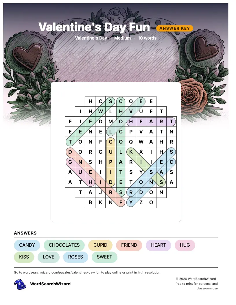 Valentine's Day Fun word search answer key, all 10 words marked